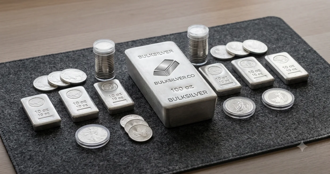 Silver bars and coins arranged for comparison