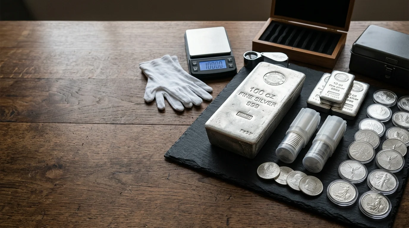 Large silver bar, smaller bars, tubes, world silver coins, scale and inspection tools