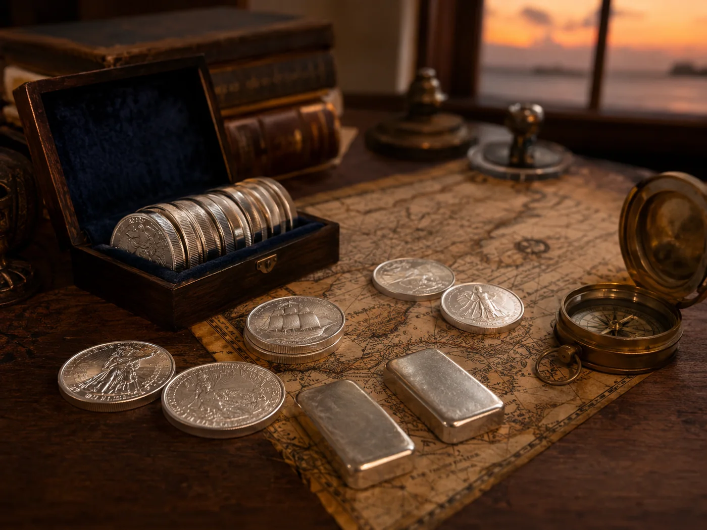 Silver collection on an old maritime map